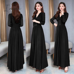Ingvn - Vintage Elegant Solid Women's Party Chiffon High Quality V-Neck Slim Female Long Sleeve Autumn Vestidos Long Dresses Robe