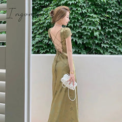 Ingvn - Elegant Women Green Satin Backless Mixi Dress Vintage Palace Bodycon Party Dresses Lace Bandage V-Neck Prom Robe Summer Vestidos