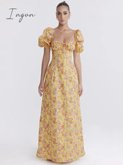 Ingvn - Elegant Puff Sleeve Loose Maxi Dress Women Gown Square Collar Backless A-line Lace-up French Retro Sexy Long Dress