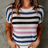 Striped Crew Neck Knit Sweater, Casual Short Sleeve Lightweight Sweater For Spring & Summer, Women's Clothing