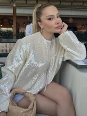 Ingvn O-neck Sequins Bomber Jackets for Women Autumn Fashion Zip-up Long Sleeve White Coats Streetwear Female Tops Outerwears