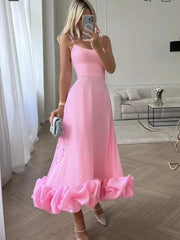 Ingvn Elegant Party Evening Maxi Dresses for Women Spaghetti Strap Backless Sexy Long Summer Dress Ruffles Aline Dress
