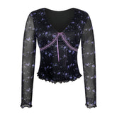 Floral Print V Neck T-Shirt, Casual Long Sleeve Lace Decor Slim Top, Women's Clothing