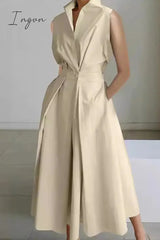 Ingvn - Casual Simplicity Solid Pocket Fold V Neck Shirt Dresses