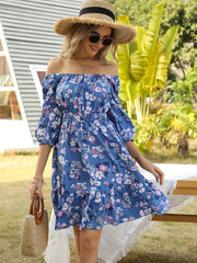 Womens Flora Dress 3/4 Sleeve Puff Sleeve A Line Midi Dress With Ruffle Hem Square Neck Dress For Wedding Guest