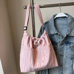 Ingvn Simple Pleated Women's Shoulder Bag Soft Nylon Ladies Crossbody Bags Vintage Large Capacity Female Tote Drawstring Handbags