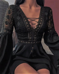 Ingvn - Sexy Crochet Lace V-Neck Mini Dress Summer Flare Sleeve Chiffon Beach Sundress Elegant Women Dress Party Sexi