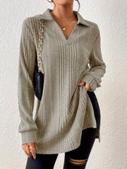 1pc Elegant Solid Color Ribbed Knit V-Neck T-Shirt, Long Sleeve Polyester Top for Women, Spring/Fall Casual Wear