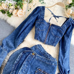 Ingvn - Trends high quality Spring Autumn Two Piece Set Women Sexy Jeans 2 Two Piece Set Long Sleeve Crop Tops And Bodycon Short Denim Skirt Suits for Woman