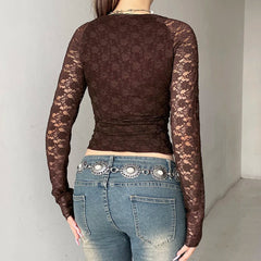 Brown Transparent Lace Sleeve Crop Top Grunge y2k Floral Print Square Collar T-shirt Women Retro Shirt Vintage 2000s Tees