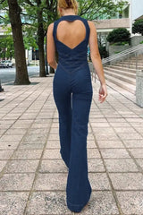 Ingvn - Casual Street Solid Backless Zipper V Neck Regular Jumpsuits