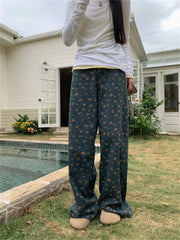 Ingvn Women's Retro Floral Pattern High Waisted Wide Leg Jeans Summer Cool Girl Bottoms Thin Pants Female Printed Baggy Denim Trousers