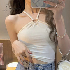 Ingvn - Sexy Camis Tank Top for Women Spring 2023 New Sleeveless Neck Mounted Backless Slim Tanks Fashion Solid Casual Crop Top