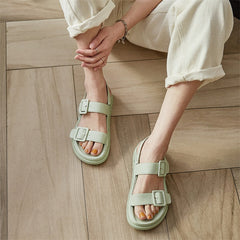 Meotina Shoes Women Buckle Genuine Leather Flat Sandals Round Toe Flat Platform Shoes Ladies Summer Causal Sandals White Size 9