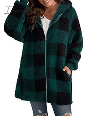 Ingvn - Women's Sherpa Jacket Fleece Long Teddy Coat Windproof Warm Home Christmas Daily Wear Vacation Zipper Pocket Zipper Hoodie Ordinary Modern Plush Plaid Regular Fit Outerwear Long Sleeve Winter Fall