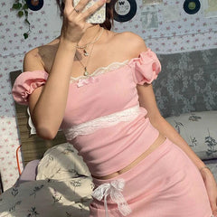 Sweet Coquette Crop Top Lace Patchwork Square Collar Skinny Pink T Shirts Women Vintage 2000s Puff Sleeve Tees Kawaii y2k