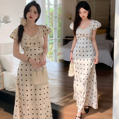 Elegant Party Lace Patchwork Satin Midi Dresses for Women Summer New Korean Casual Fashion Sweet Polka Dots Female Clothing