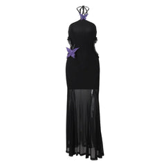 WhereMery Sexy Off Shoulder Butterfly Appliques Halter Maxi Dress 2025 Summer Women Trend See Through Hollow Out Beach Vestidos