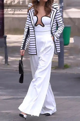 Ingvn - Elegant Striped Pocket Turndown Collar Long Sleeve Two Pieces