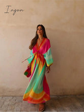 Ingvn - Tie-dye Print Colorful Batwing Sleeve Women Long Dress V-neck Lace Up Elastic High Waist Vestidos Summer Party Streetwear Robes