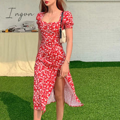 Ingvn - Women Summer Vintage Party Dress Lady France Style Puff Sleeve Floral Print Square Collar Side Split Midi Dress Vestido New