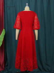 Ingvn - Women Red Dress Off Shoulder Lace Hollow Out Patchwork A Line Pleat Elegant Party Large Size Lady Female Homecoming Robes Gowns