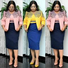 Ingvn - 2 Piece Set long Coat and Dress Christmas African Midi Dresses Women Dashiki Bazin Riche African Clothing Dresses Africa Clothes