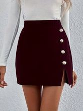 Solid High Waist Split Hem Button Elastic Skirts, Elegant Mid Length Office Work Skirts, Women's Clothing