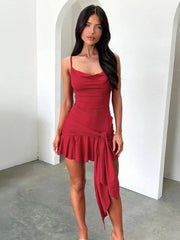 Spaghetti Strap Draped Ruffled Sexy Mini Dress For Women Robe Fashion Solid Sleeveless Backless High Waist Club Dress