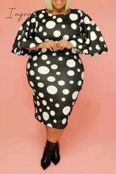 Ingvn - White Celebrities Dot Patchwork O Neck Wrapped Skirt Plus Size Dresses