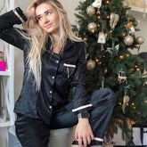 Ingvn - 2 Pieces Set Summer Pajamas for Women V Long Satin Silk Sleepwear Ladies Luxury Pyjamas Home Wear Pjs Loungewear