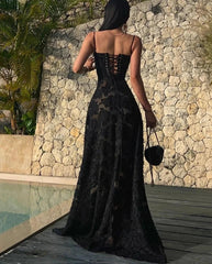 Vintage Luxury Black Long Dress Women Sexy Spaghetti Straps Wedding Evening Party Robe Summer Ladies Runway Bridesmaid Clothes