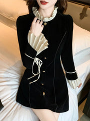 Y2K Black Velvet Mini Dresses for Women Single Breasted Long Sleeve Ruffles Evening Party Dress Autumn Fashion A-Line Vestidos