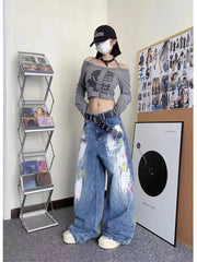 Ingvn Women's Personalized Graffiti Tie Dye Design Jeans Young Girl Denim Trousers Vintage Street Bottoms Female High Waisted Pants