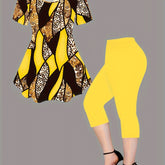 Leopard Print Casual Leggings Set, Crew Neck Short Sleeve Top & Solid Color Leggings Outfits For Spring & Summer, Women's Clothing