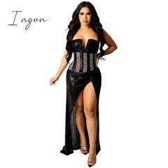 Ingvn - Sheer Mesh Diamonds Sequined Pearls High Split Long Dress For Women Straps Bodycon Long Vestidos Night Party Rhinestone Outfits