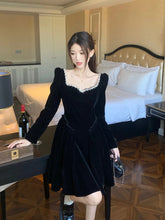 Vintage Evening Party Velvet Dresses for Woman Elegant Fashion Wedding Birthday Prom Long Sleeves Female Clothing Black Robe