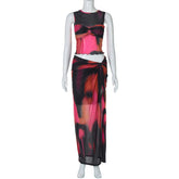 Mesh Print Sexy Skirt Sets Women O Neck Sleeveless Crop Tops And Split Skirt Ladies Sexy Club Party 2 Piece Sets