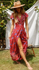 Ingvn - Vintage chic vestidos women Floral print bat sleeve beach long Bohemian maxi dress Ladies sexy V neck Summer Boho happie dress