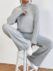 Ribbed Mock Neck Two-piece Set - Cozy Long Sleeve T-shirt with Ribbed Mock Neck Design, Flattering Wide Leg Pants for a Comfortable Fit, Effortless Casual Style - Perfect for Womens Everyday Wear, Ideal Outfits for Daily Life
