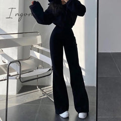 Ingvn - New High Street Elastic Waist Solid Color Flare Pants For Women Spring Autumn Thick Casual Female Trouser BSXM new years eve outfits women