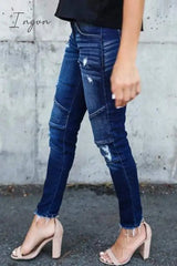Ingvn - Regular Waist Solid Color Skinny Fit Hole Jeans