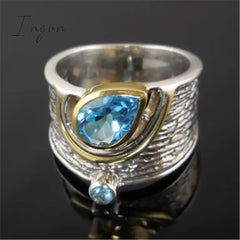 Ingvn - New Vintage Design Women Finger Rings Cocktail Party Ring Blue Water Drop Stone Noble Retro Large Accessories Ring Anillo