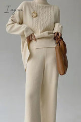 Ingvn - Casual Solid Slit Turtleneck Long Sleeve Two Pieces