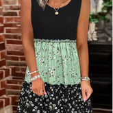 Boho Chic Floral Print Tank Dress - Color Block Crew Neck - Flowy Sleeveless for Summer - Fashionable Womens Clothing