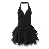 French Style Retro Spicy Girl Halter Mini Black Dress Women Fashion Backless Lace Spliced Bow Sexy Dresses Summer Robe