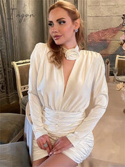 Ingvn - Womens Fall Fashion Satin Ruched Deep V Neck Long Sleeve Mini Bodycon Dress Women Autumn Winter Elegant Sexy Party Dresses