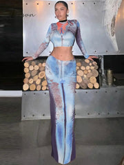 Ingvn - Print Two Piece Set Women Autumn New O Neck Long Sleeve T-shirt And Long Skirt Suits Fashion Sexy Printed Skirt Sets