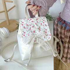 Ingvn Elegant Fashion Womens Backpack Flower Korean Style Casual Bow Sweet Small Backpack Pu Leather Luxury Female Aesthetic Bags