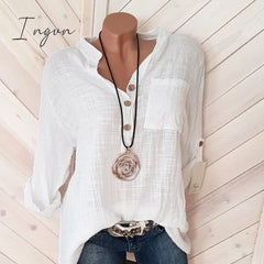 Ingvn - Oversized Women Blouses Cotton Linen Blouse Autumn Shirts Casual Long Sleeve Button V Neck Loose Shirt Lady Tops Plus Size S-5XL